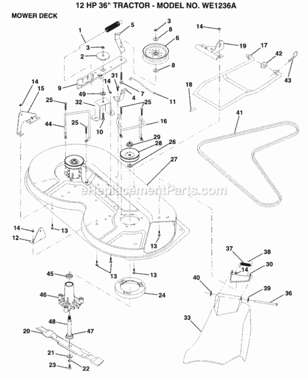 Mower_Deck Diagram and Parts List for WE1236A 1999 And Before Weed Eater Lawn Tractor